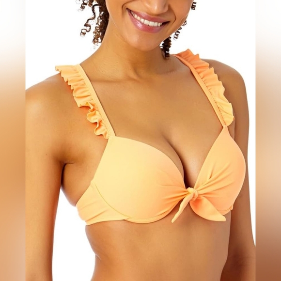 Salt + Cove Women's Juniors' Ruffle Strap & Side Tie Bikini Set Peach Size M - Picture 5 of 16